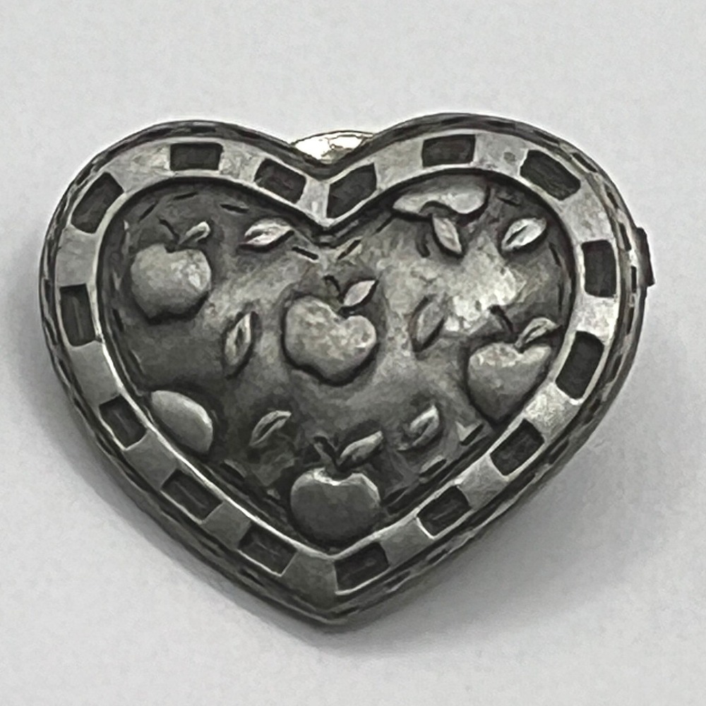 Vintage Heart Brooch Pewter Silver Tone Apples Teachers Gift Pin